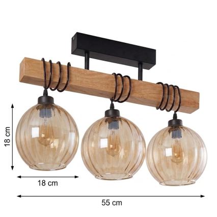 Brilagi - Плафонен полилей WOOD GLASS 3xE27/60W/230V бор/черен/димчено кафяв