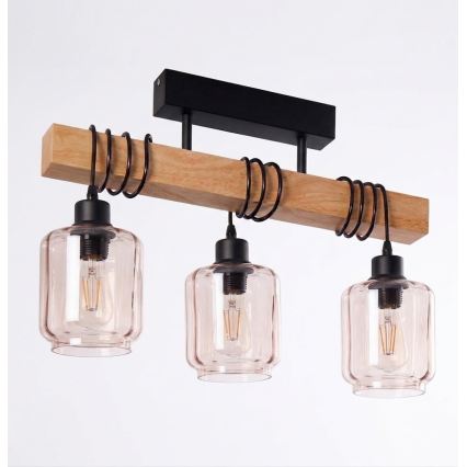 Brilagi - Плафонен полилей WOOD GLASS 3xE27/60W/230V бор/черен/опушено бежово