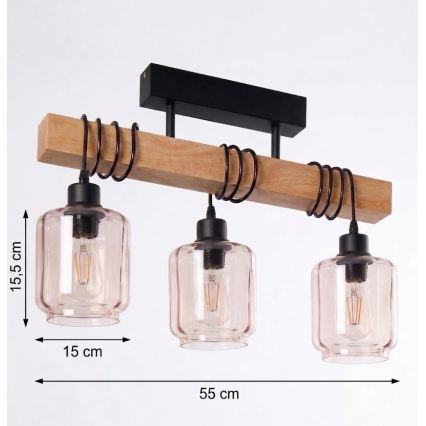 Brilagi - Плафонен полилей WOOD GLASS 3xE27/60W/230V бор/черен/опушено бежово