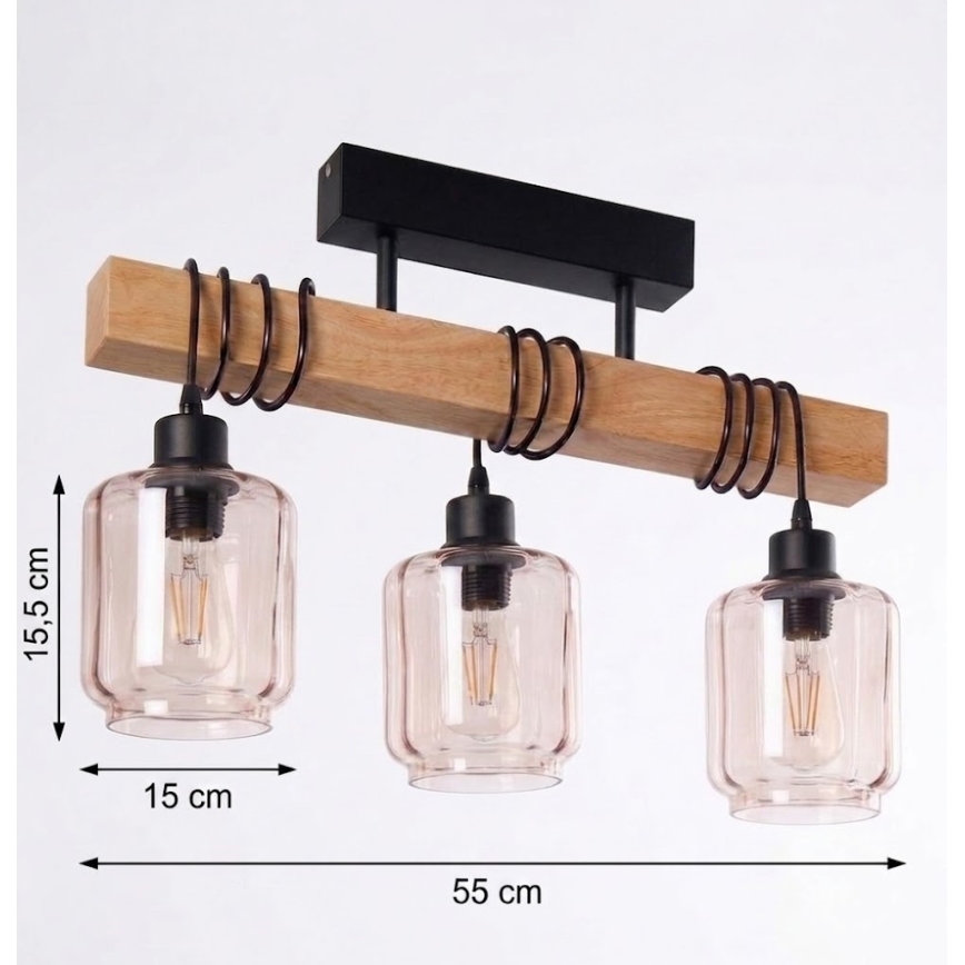 Brilagi - Плафонен полилей WOOD GLASS 3xE27/60W/230V бор/черен/опушено бежово