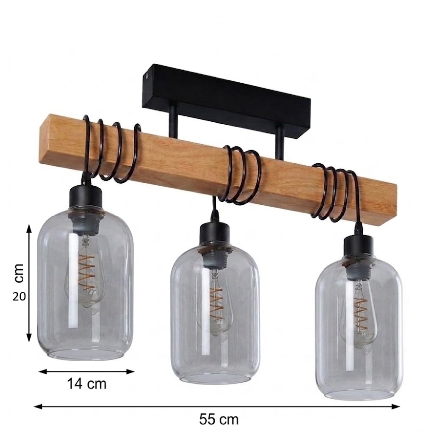 Brilagi - Плафониера WOOD GLASS 3xE27/60W/230V бор/черен/димно сив