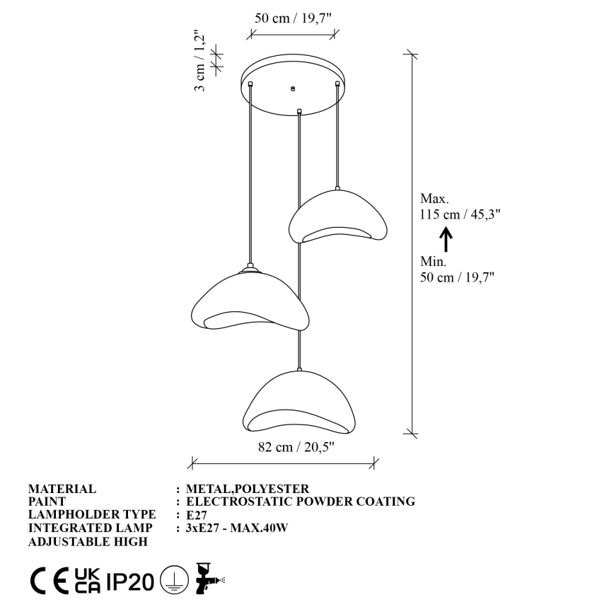 Brilagi - Полилей на кабел LUNA 3xE27/40W/230V Ø 82 см бял