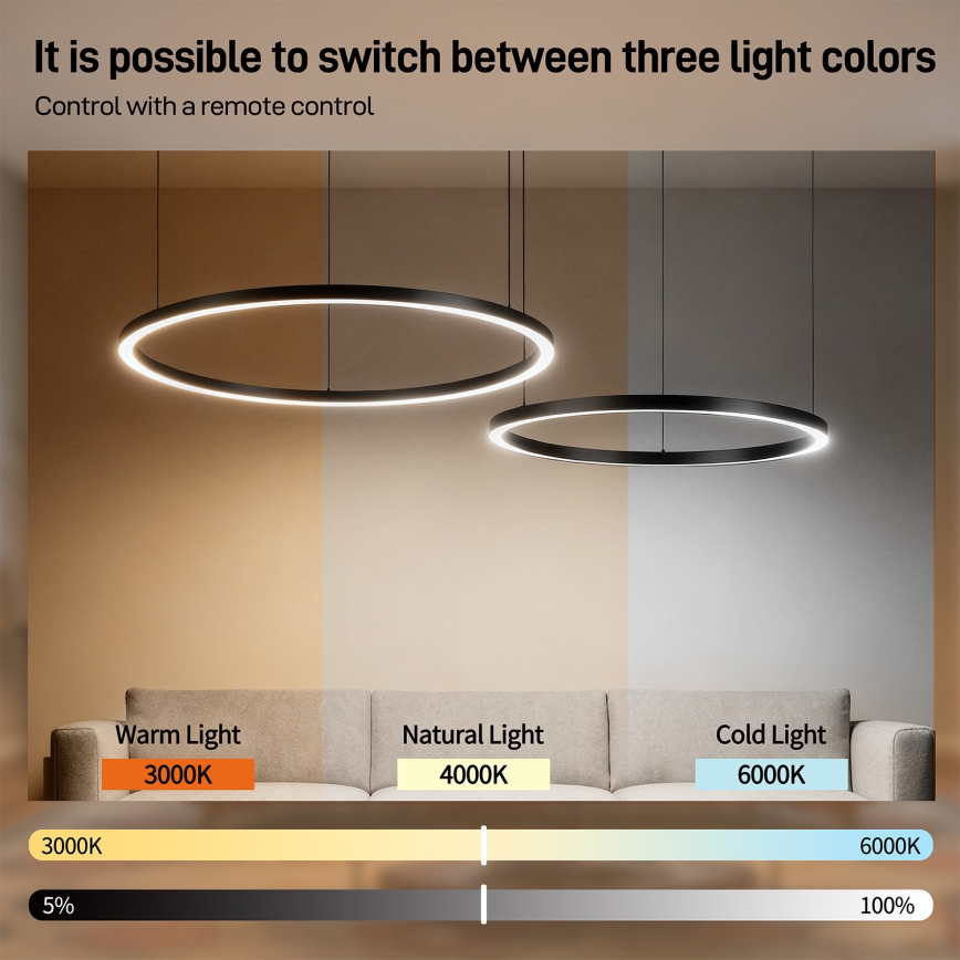 Brilagi - Димируема LED висяща лампа на кабел PORTOFINO LED/98W/230V 3000-6000K черна + дистанционно управление