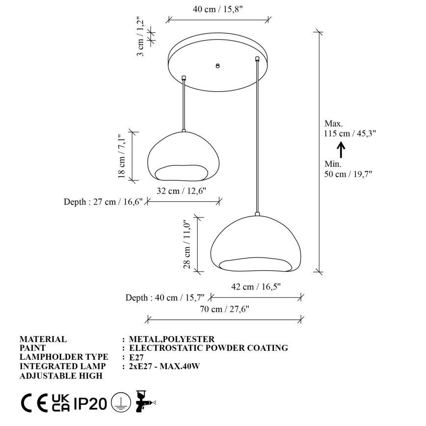 Brilagi - Полилей на кабел WABI SABI 2xE27/40W/230V Ø 70 см, бял