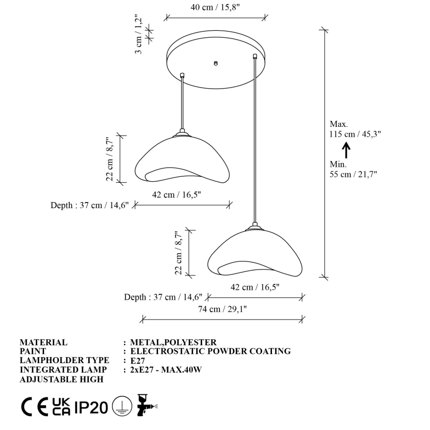 Brilagi - Полилей на кабел WABI SABI 2xE27/40W/230V Ø 74 cm бял