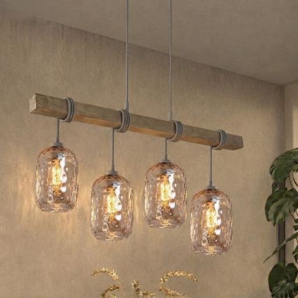 BRILAGI - Полилей на кабел WOOD GLASS 4xE27/60W/230V бор/сив/димчато кафяв