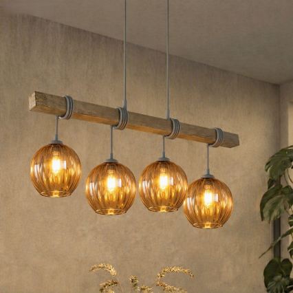 BRILAGI - Полилей на кабел WOOD GLASS 4xE27/60W/230V бор/сив/опушено кафяво