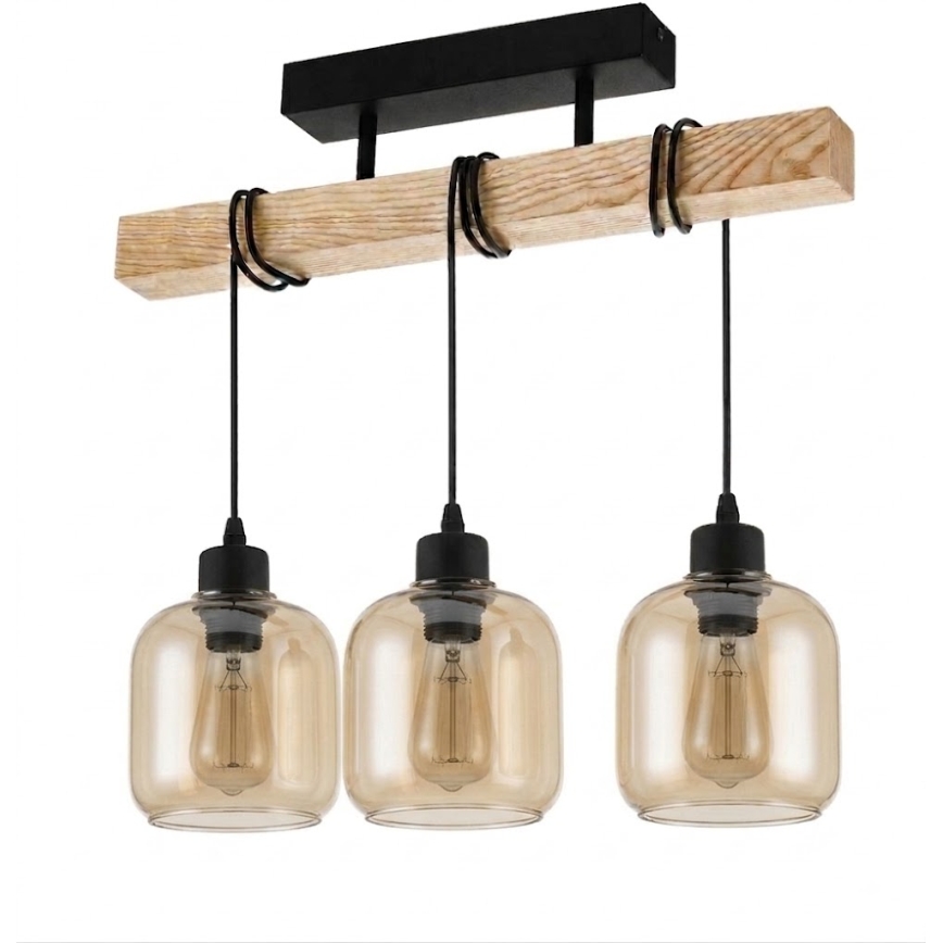 Brilagi - Плафон WOOD GLASS 3xE27/60W/230V бор/черен/опушено кафяво