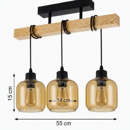 Brilagi - Плафон WOOD GLASS 3xE27/60W/230V бор/черен/опушено кафяво