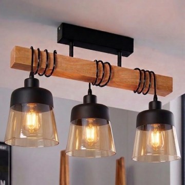Brilagi - Повърхностно монтиран полилей WOOD GLASS 3xE27/60W/230V бор/черен/димчато кафяв