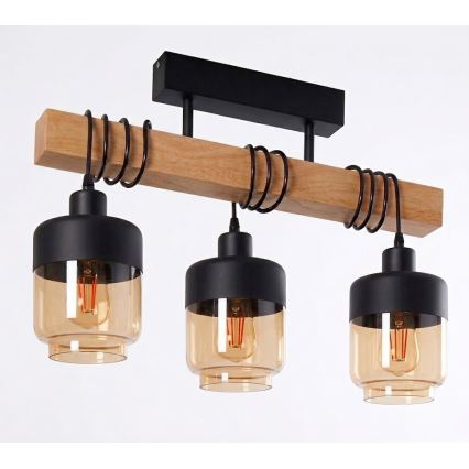 Brilagi - Прикрепен полилей WOOD GLASS 3xE27/60W/230V бор/черно/опушено кафяво