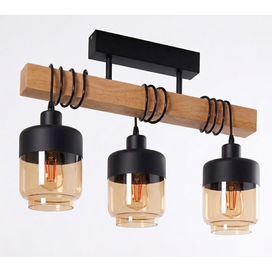 Brilagi - Прикрепен полилей WOOD GLASS 3xE27/60W/230V бор/черно/опушено кафяво