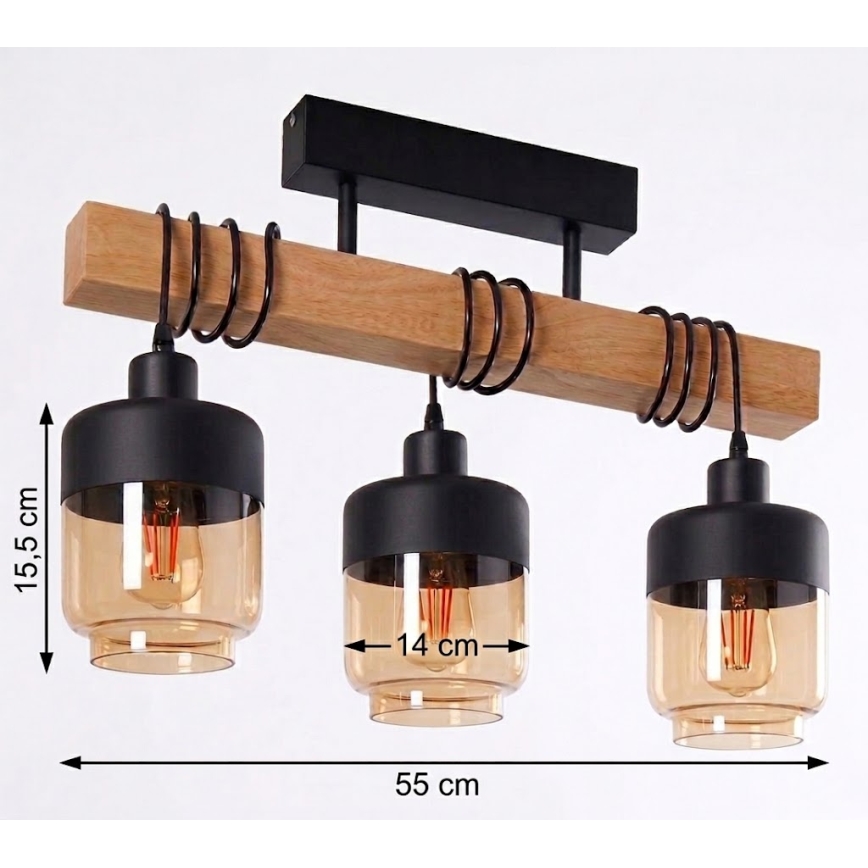 Brilagi - Прикрепен полилей WOOD GLASS 3xE27/60W/230V бор/черно/опушено кафяво
