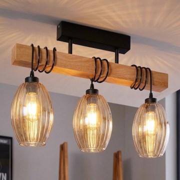 Brilagi - Повърхностно монтиран полилей WOOD GLASS 3xE27/60W/230V боров/черен/опушено бежово