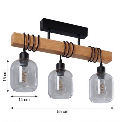 Brilagi - Повърхностно монтиран полилей WOOD GLASS 3xE27/60W/230V бор/черен/димчато сив