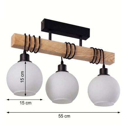 Brilagi - Прикрепен полилей WOOD GLASS 3xE27/60W/230V бор/черен/бял