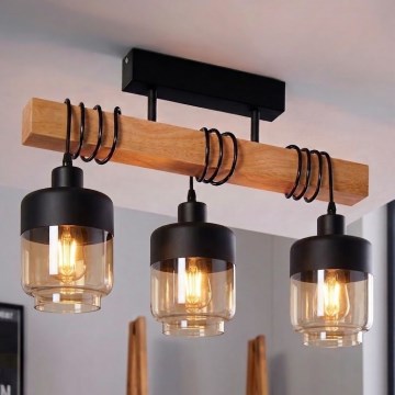 Brilagi - Прикрепен полилей WOOD GLASS 3xE27/60W/230V бор/черно/опушено кафяво