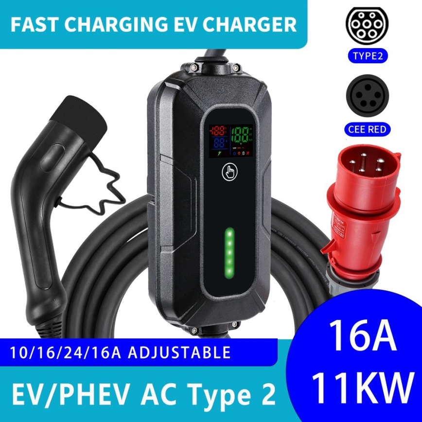 Brilagi - Пътническа станция за зареждане на електрически автомобили FAST AC Тип 2 16A/380V 11kW + щепсел 230V, 3,7kW 5m + калъф