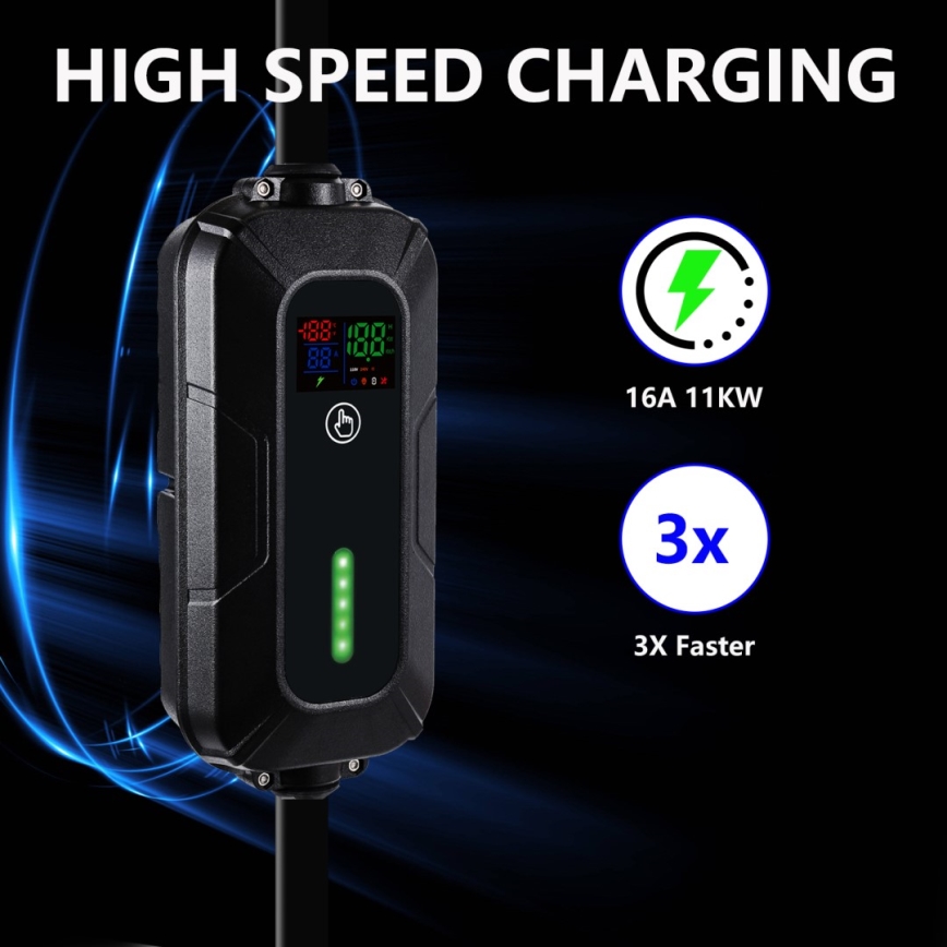 Brilagi - Пътническа станция за зареждане на електрически автомобили FAST AC Тип 2 16A/380V 11kW + щепсел 230V, 3,7kW 5m + калъф