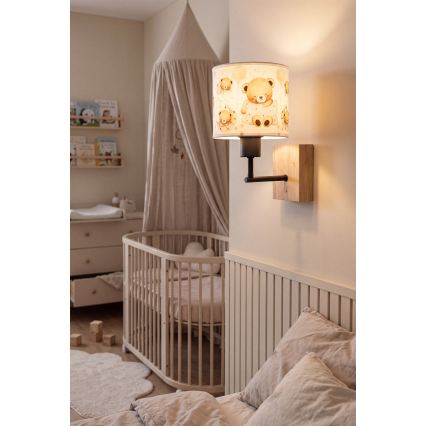 Brilagi - Детска стенна лампа BOBO WOOD 1xE27/25W/230V дъб/черен/бял/меченца