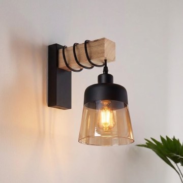 Brilagi - Стенно осветително тяло WOOD GLASS 1xE27/60W/230V бор/черно/опушено кафяво