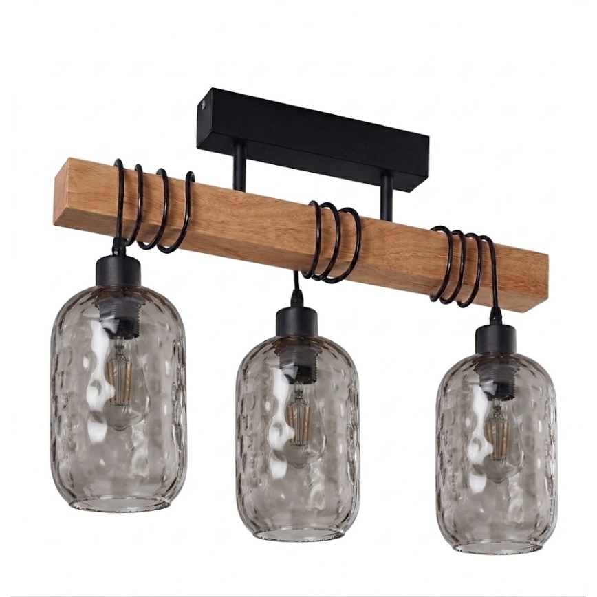 Brilagi - Плафонен полилей WOOD GLASS 3xE27/60W/230V цвят бор/черен/димчато сив