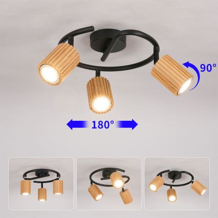 Brilagi - Точково осветително тяло MODERN WOOD 3xGU10/8W/230V каучуково дърво/черно