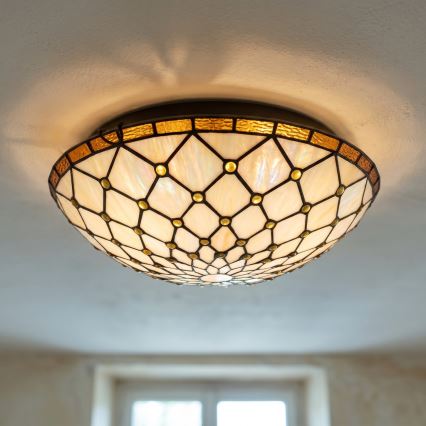 Brilagi - витражно таванно осветително тяло Tiffany IVORY, 2xE27/60W/230V, Ø 40 см
