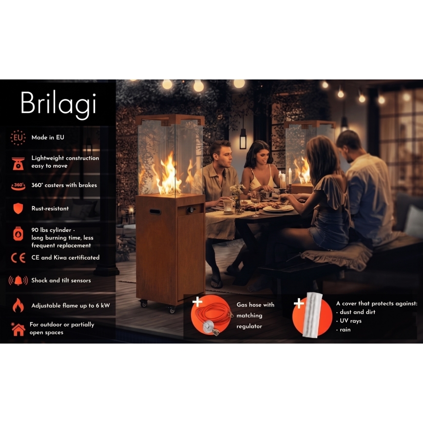 BRILAGI - Външна газова камина FLARO GAS 142x36 cm 8kW 1xAAA ръждива/кафява + защитно покривало