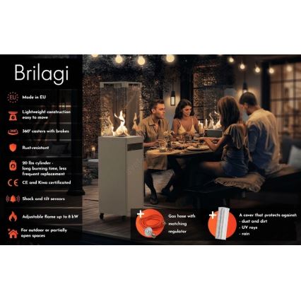 Brilagi - Външна газова камина FLARO GAS 142x36 cm 8kW 1xAAA сива + защитен калъф