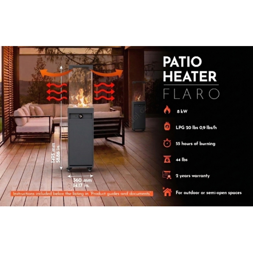 BRILAGI - Външна газова камина FLARO GAS 142x36 см 8kW 1xAAA антрацит + защитен калъф
