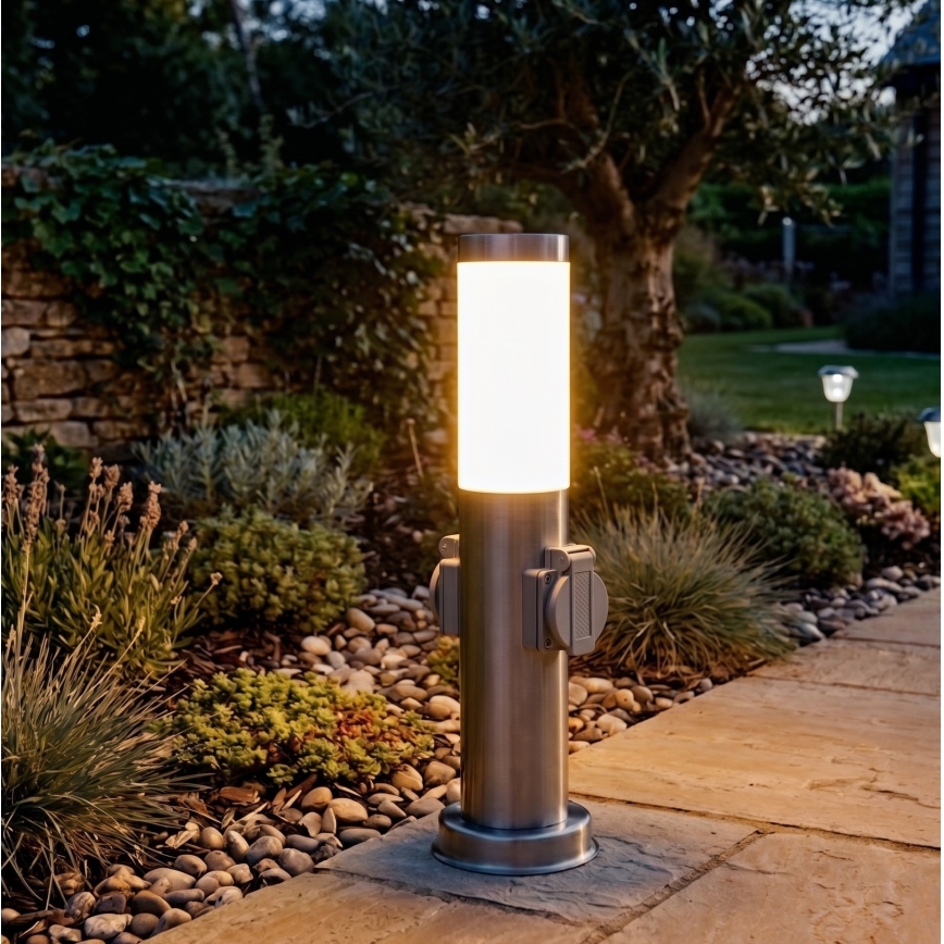 Brilagi - Външна лампа NOVA с 2 SCHUKO контакта, 1xE27/15W/230V, 40 см, IP44, матов хром