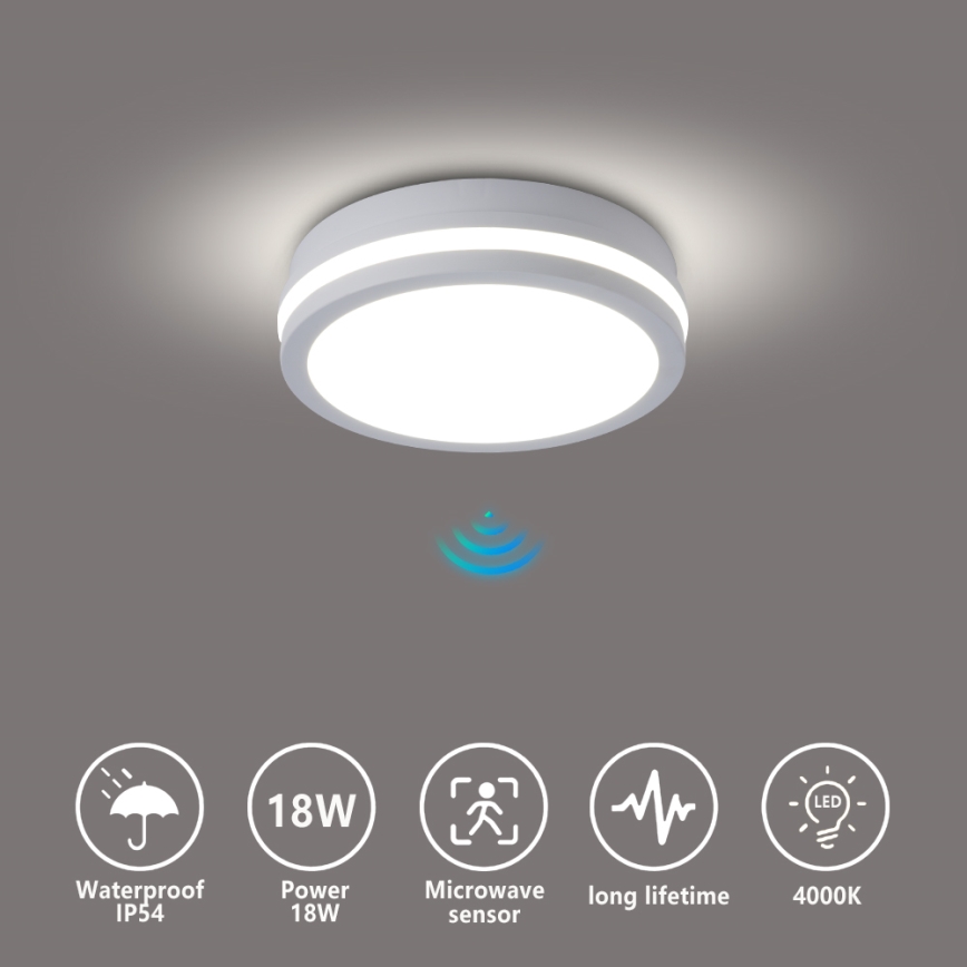 Brilagi - LED външно таванно осветително тяло със сензор BENE, LED/18W/230V, Ø 21,5 см, бяло, IP54