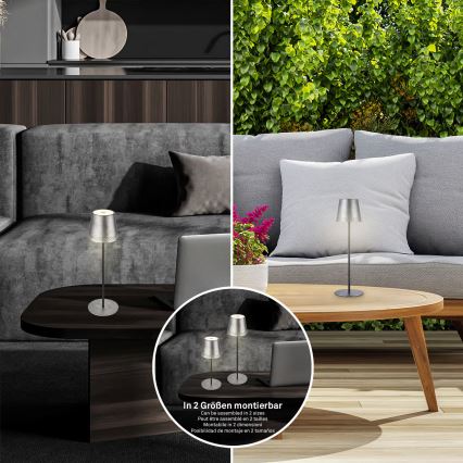 Brilo - LED с регулиране на яркостта, презареждаема, сензорна, външна настолна лампа KIKI LED/2,6W/5V IP44 2600 mAh, сребриста