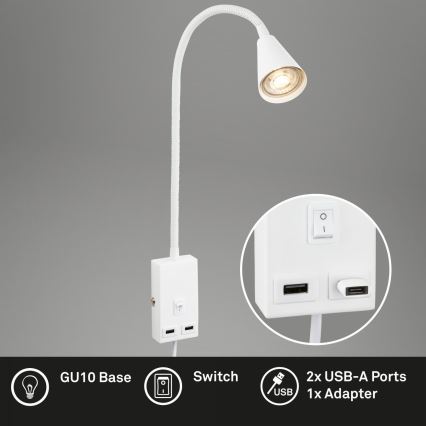 Briloner 2175-016 - Гъвкава стенна лампа с USB порт 1xGU10/10W/230V бяла