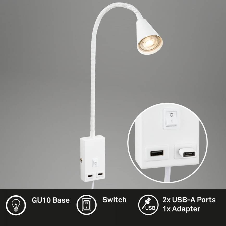 Briloner 2175-016 - Гъвкава стенна лампа с USB порт 1xGU10/10W/230V бяла