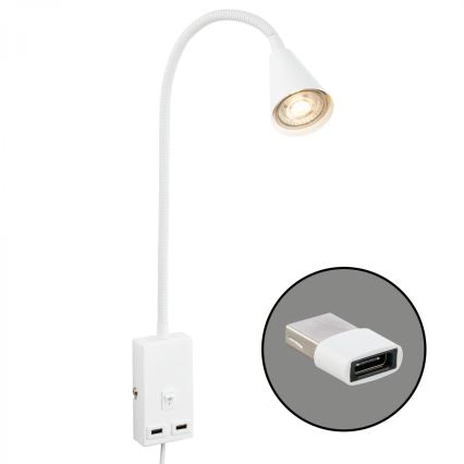 Briloner 2175-016 - Гъвкава стенна лампа с USB порт 1xGU10/10W/230V бяла