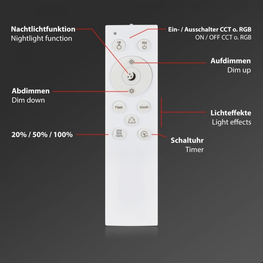 Briloner 3709-016 - LED RGBW Димируем плафон LED/22W/230V 4000K Ø 38 см бял + дистанционно управление