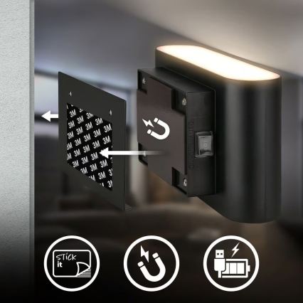 Briloner 3878015 - Презареждаема LED стенна лампа с сензор за движение и сумрак CHAT LED/3W/5V 2000 mAh, черна