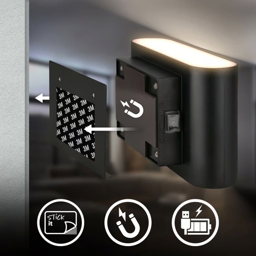 Briloner 3878015 - Презареждаема LED стенна лампа с сензор за движение и сумрак CHAT LED/3W/5V 2000 mAh, черна