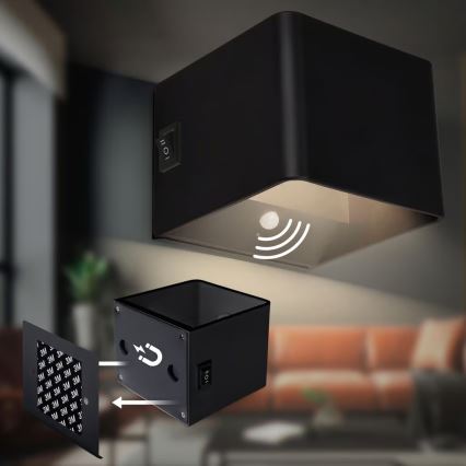 Briloner 3879015 - презареждаемо LED стенно осветително тяло с датчик за движение и за сумрак BORRA LED/1,5W/5V 3600 mAh черно
