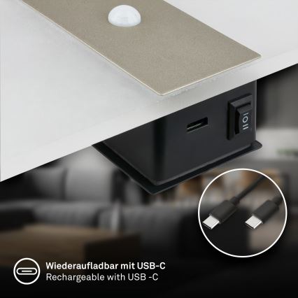 Briloner 3888012 - LED презареждаема стенна лампа със сензор за движение и сумрак AURA LED/2,5W/5V 1800 mAh матов хром