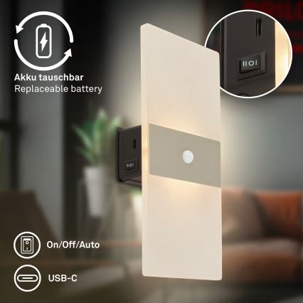 Briloner 3888012 - LED презареждаема стенна лампа със сензор за движение и сумрак AURA LED/2,5W/5V 1800 mAh матов хром