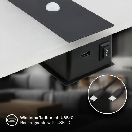 Briloner 3888015 - LED акумулаторна стенна лампа AURA с вграден сензор за движение и сумрак LED/2,5W/5V 1800 mAh черна