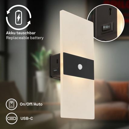 Briloner 3888015 - LED акумулаторна стенна лампа AURA с вграден сензор за движение и сумрак LED/2,5W/5V 1800 mAh черна
