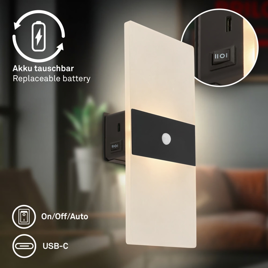 Briloner 3888015 - LED акумулаторна стенна лампа AURA с вграден сензор за движение и сумрак LED/2,5W/5V 1800 mAh черна