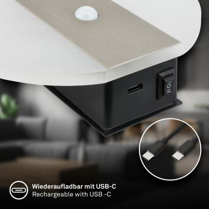 Briloner 3889012 - LED презареждаемо стенен осветител със сензор за движение и за здрач TARO LED/2,5W/5V 1800 mAh матов хром