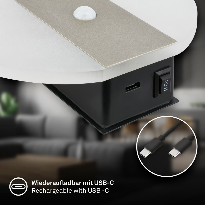 Briloner 3889012 - LED презареждаемо стенен осветител със сензор за движение и за здрач TARO LED/2,5W/5V 1800 mAh матов хром