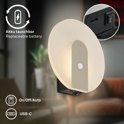 Briloner 3889012 - LED презареждаемо стенен осветител със сензор за движение и за здрач TARO LED/2,5W/5V 1800 mAh матов хром