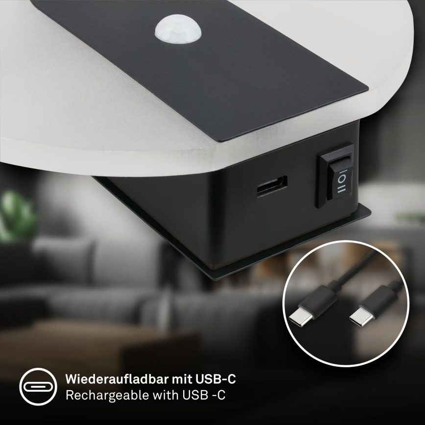 Briloner 3889015 - LED презареждаемо стенено осветително тяло с датчик за движение и здрач TARO LED/2,5W/5V 1800 mAh черно